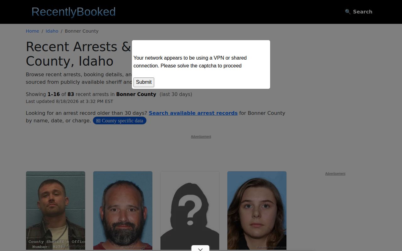 Unofficial RecentlyBooked Bonner County recent arrests page