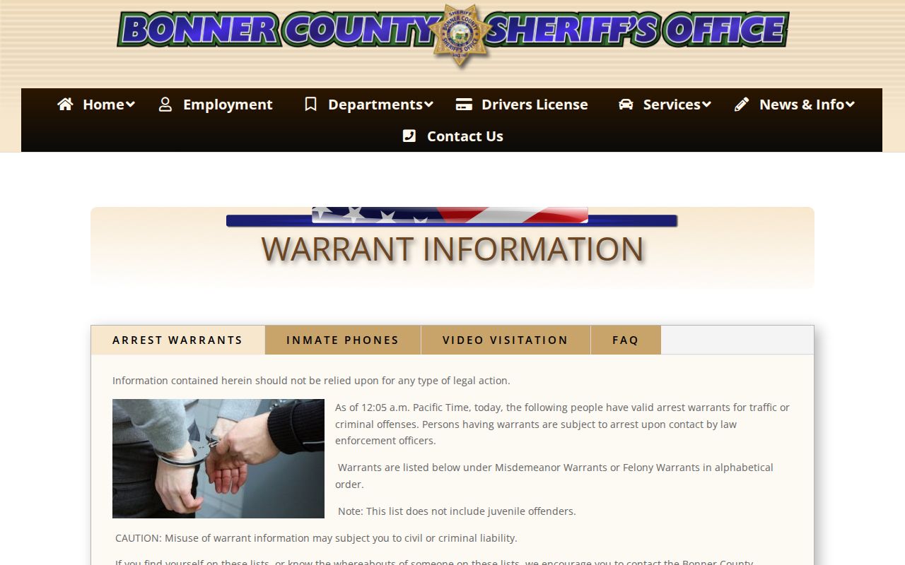 Bonner County Sheriff's warrant and wanted information page