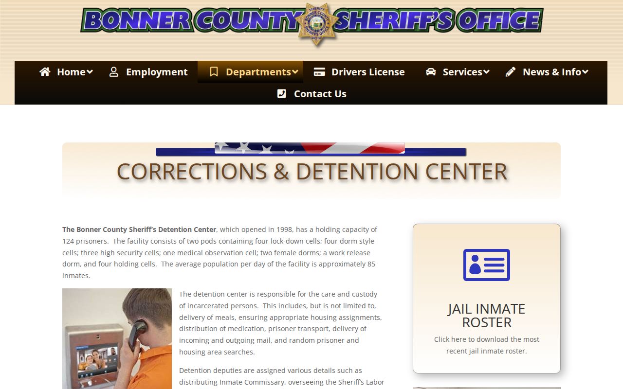 Bonner County Detention Facility custody and booking records page