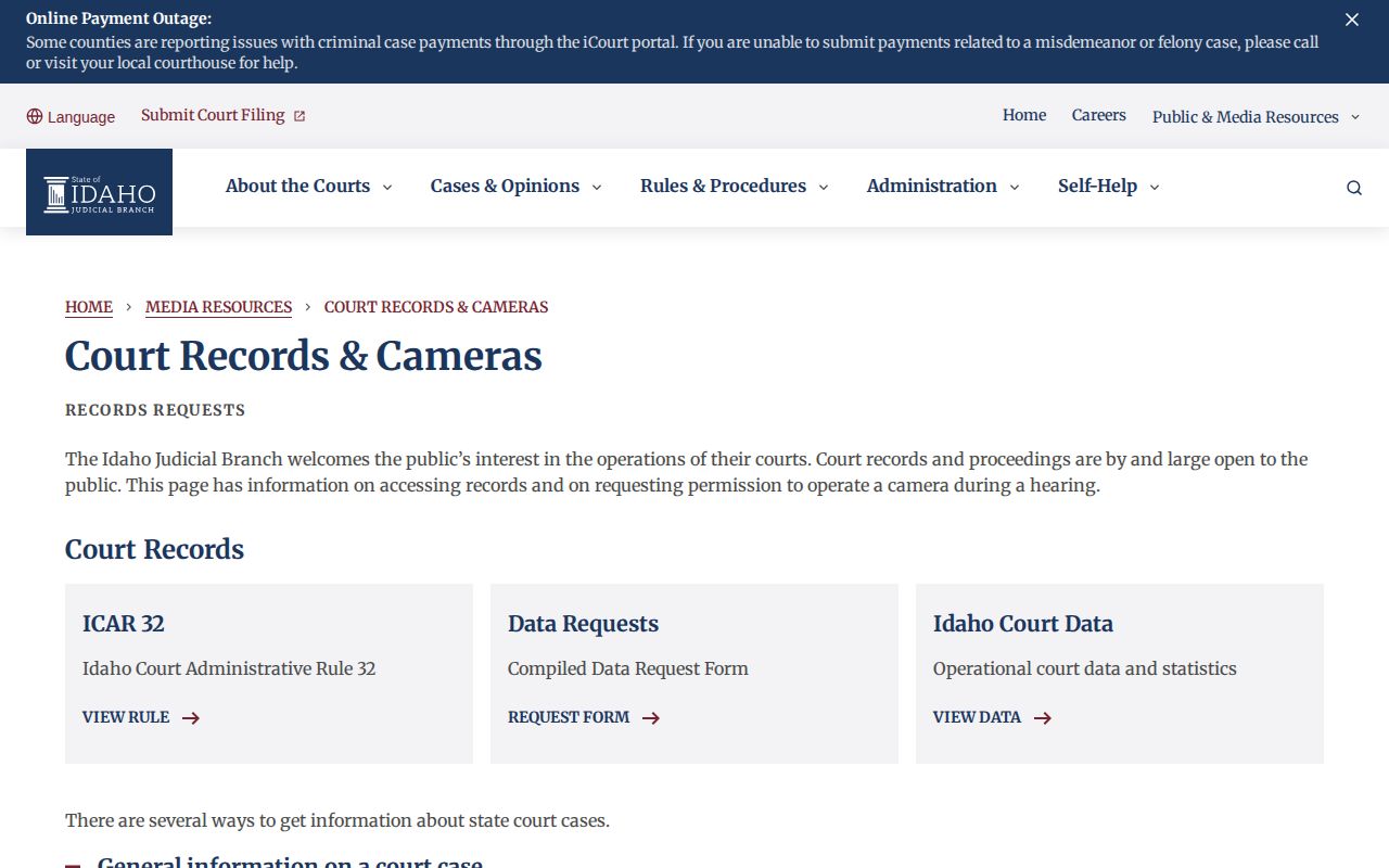 Idaho court records access page for Bonner County case dispositions