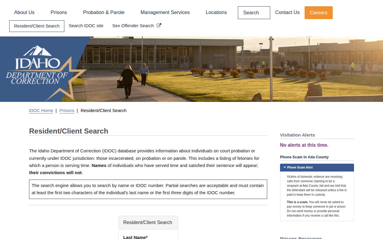 Idaho Department of Correction resident and client search for state custody