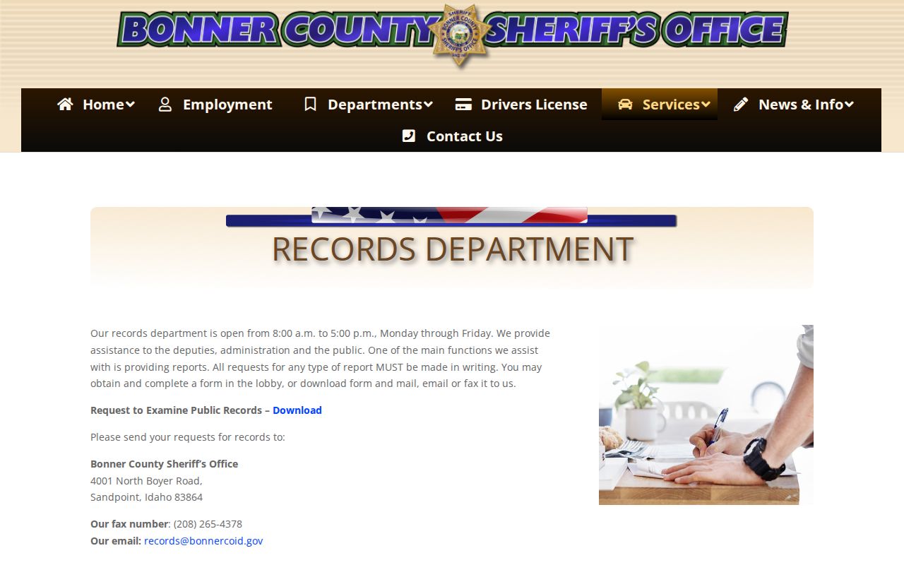 Bonner County Sheriff's Office records request page